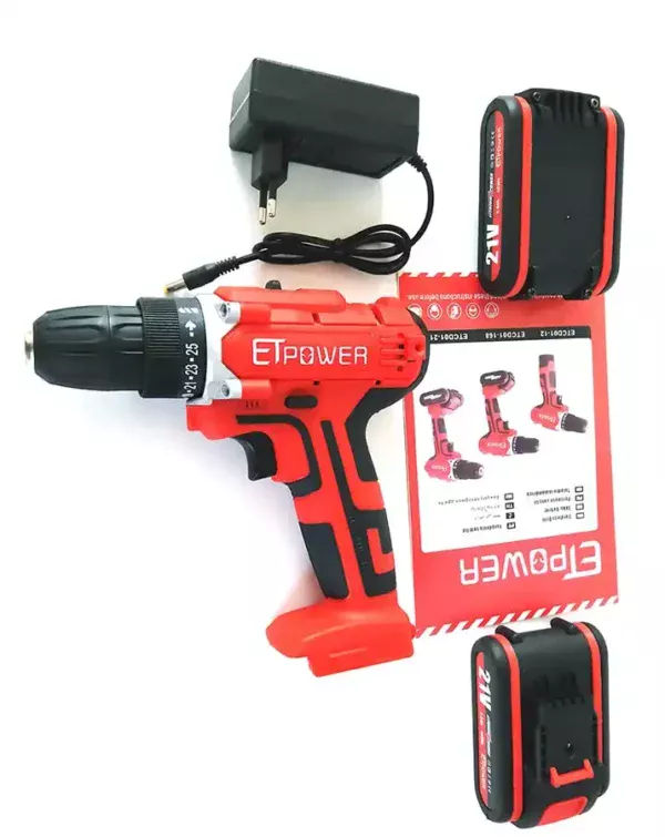 21V cordless drill with 2 batteries and 1 charger